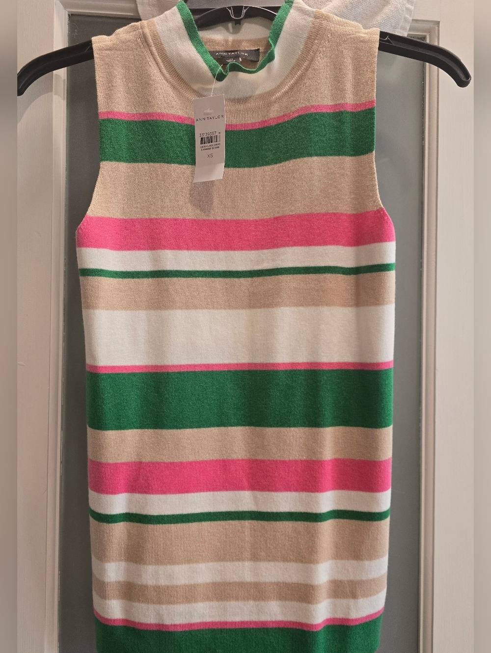 Ann Taylor Stripe Colorblock (Green,Pink,Beige,White) Sleeveless Knit Top XS,NWT